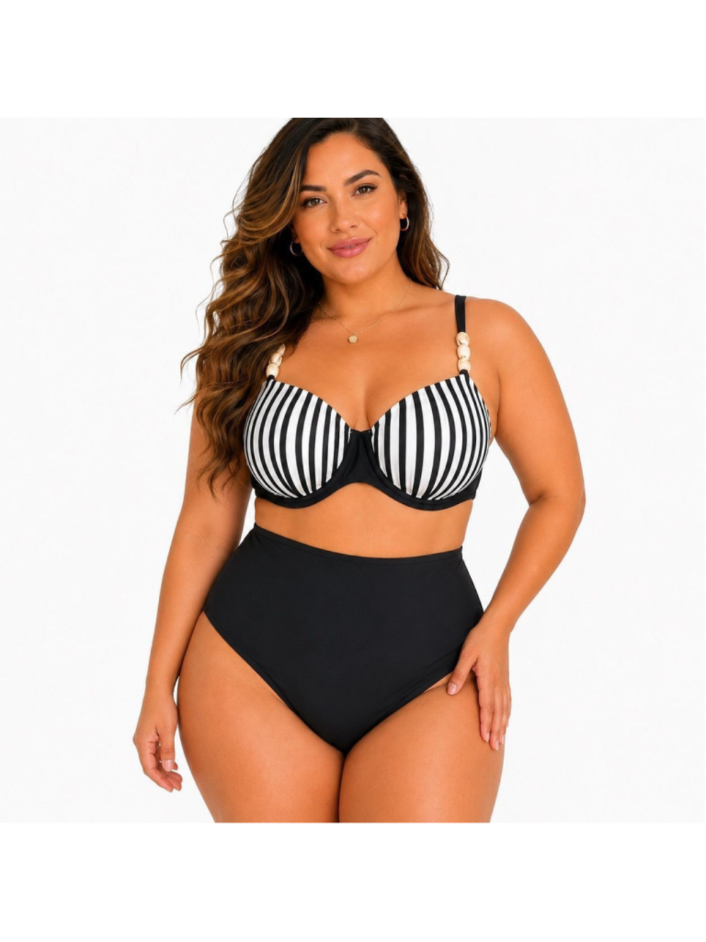 Black and white Striped Underwire High-Waisted Bikini Set with Beaded Strap XL